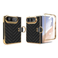 Black chevron quilted leather case for iPhone DUO shown folded next to open view highlighting electroplated gold frame, finger ring clasp, and pre-installed tempered glass screen。