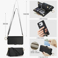 Black crossbody leather phone case with 80cm to 150cm adjustable strap and RFID blocking feature