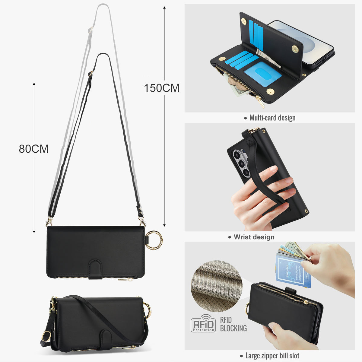 Black crossbody phone case for Samsung Galaxy with 80cm to 150cm adjustable strap and RFID blocking design