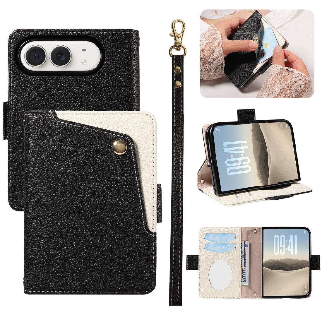 Flat lay view displaying 10 color variations of the dual-tone leather wallet case for iPhone DUO, arranged on a table surface including Black, Orange, Pink, Lavender, Taupe, Sage Green, Red, Yellow, Sky and Beige