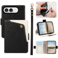 Black dual-tone leather wallet case for iPhone DUO displaying exterior snap card pocket, camera cutout, wristlet strap, interior card slots, and desktop kickstand mode.