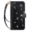 Black glitter leather crossbody wallet phone case featuring side zipper pocket, gold magnetic clasp, and detachable wristlet lanyard.