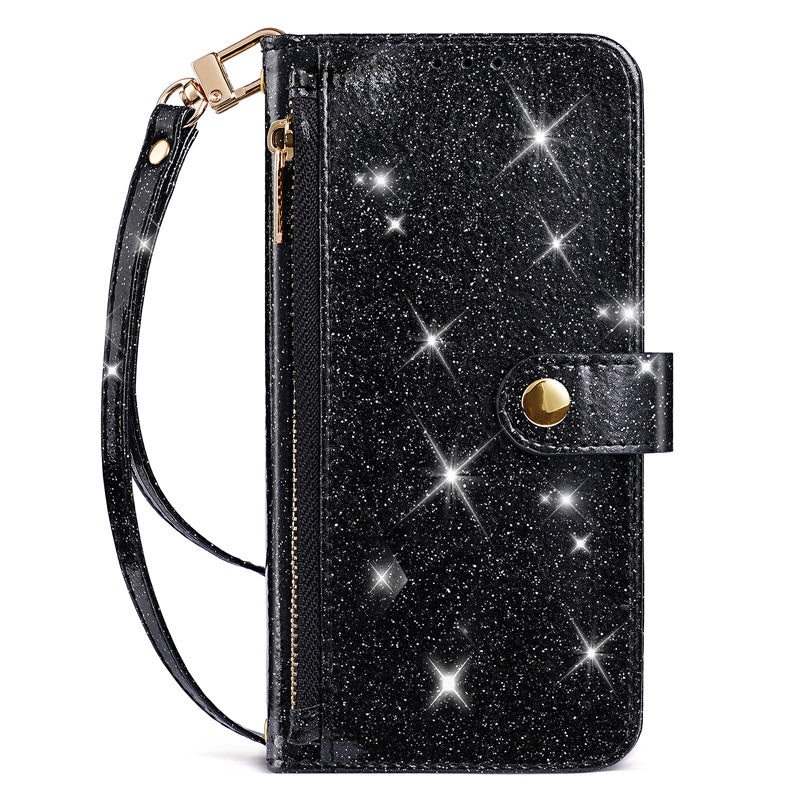 Black glitter leather crossbody wallet phone case featuring side zipper pocket, gold magnetic clasp, and detachable wristlet lanyard.