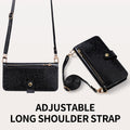 Black glitter leather phone wallet case showcasing the detachable, length-adjustable crossbody strap attachment.