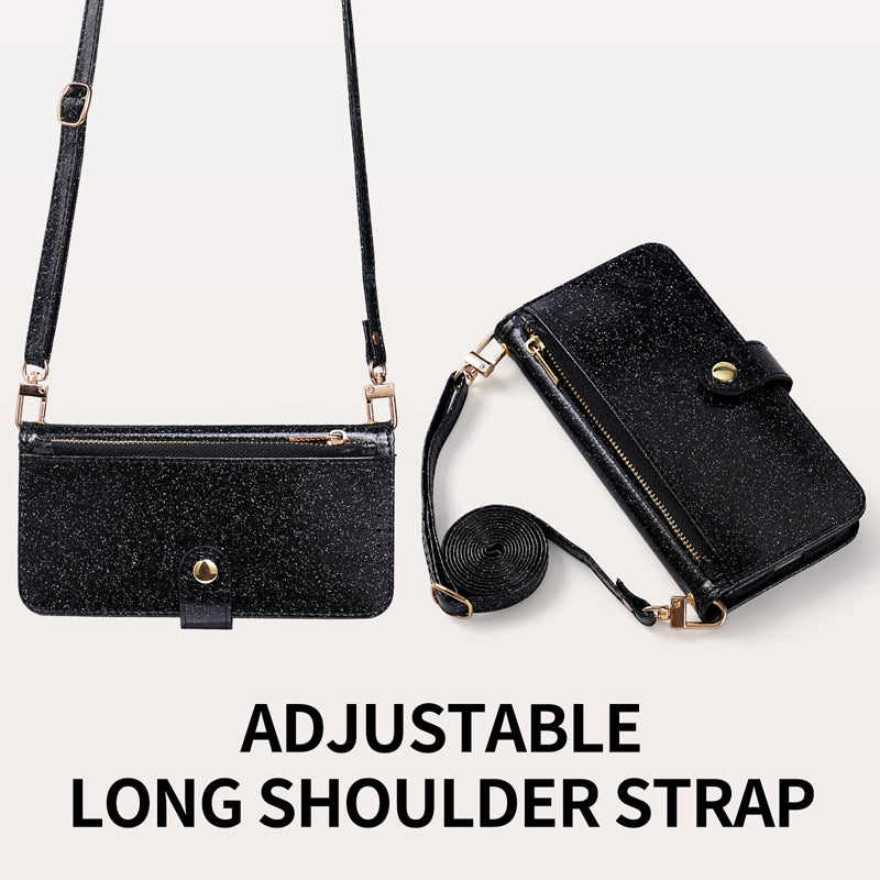 Black glitter leather phone wallet case showcasing the detachable, length-adjustable crossbody strap attachment.