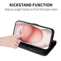 Black glitter phone case folded back into a horizontal kickstand position for hands-free media viewing.