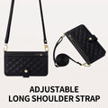 Black iPhone DUO leather case displaying adjustable long shoulder strap and hands-free carry setup