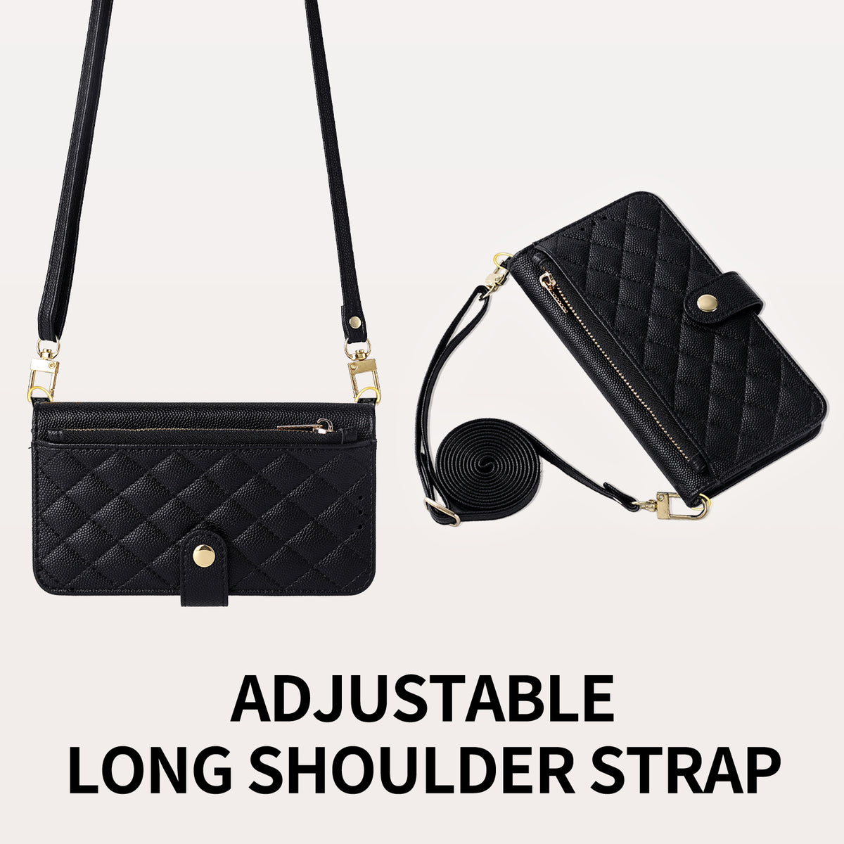 Black iPhone DUO leather case displaying adjustable long shoulder strap and hands-free carry setup