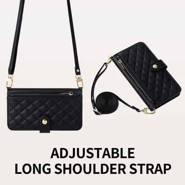 Black iPhone DUO leather case displaying adjustable long shoulder strap and hands-free carry setup