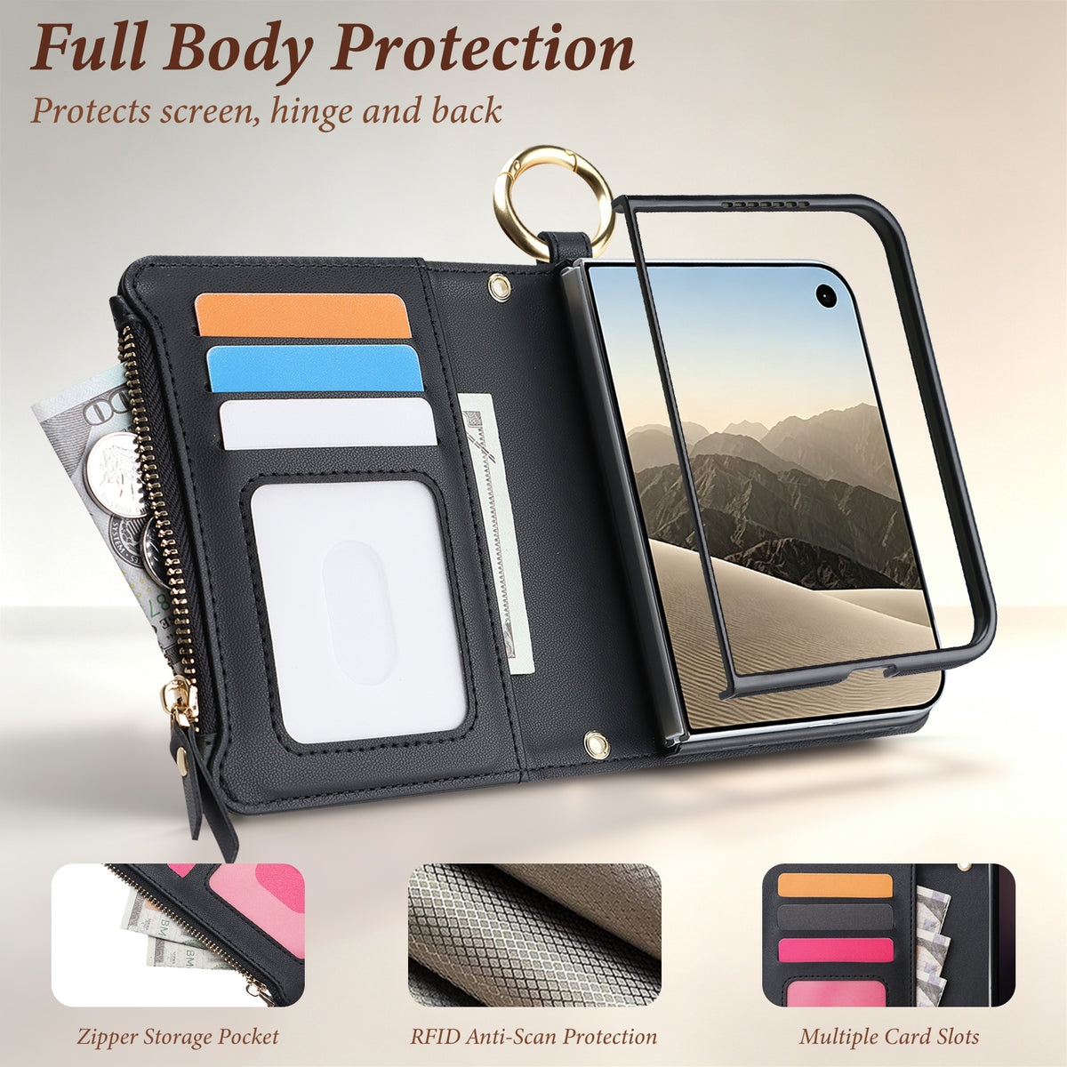 Black iPhone DUO wallet case open showing RFID anti-scan protection 3 card slots clear ID window and zipper storage pocket