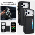 Black iPhone magnetic back case demonstrating magnetic wireless charger attachment and car mount compatibility.