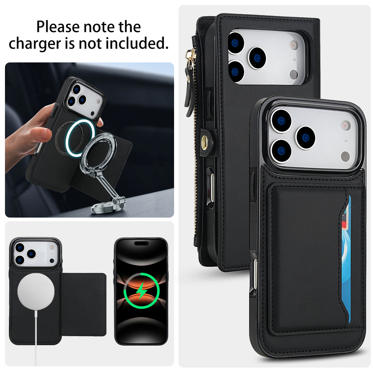 Black iPhone magnetic back case demonstrating magnetic wireless charger attachment and car mount compatibility.