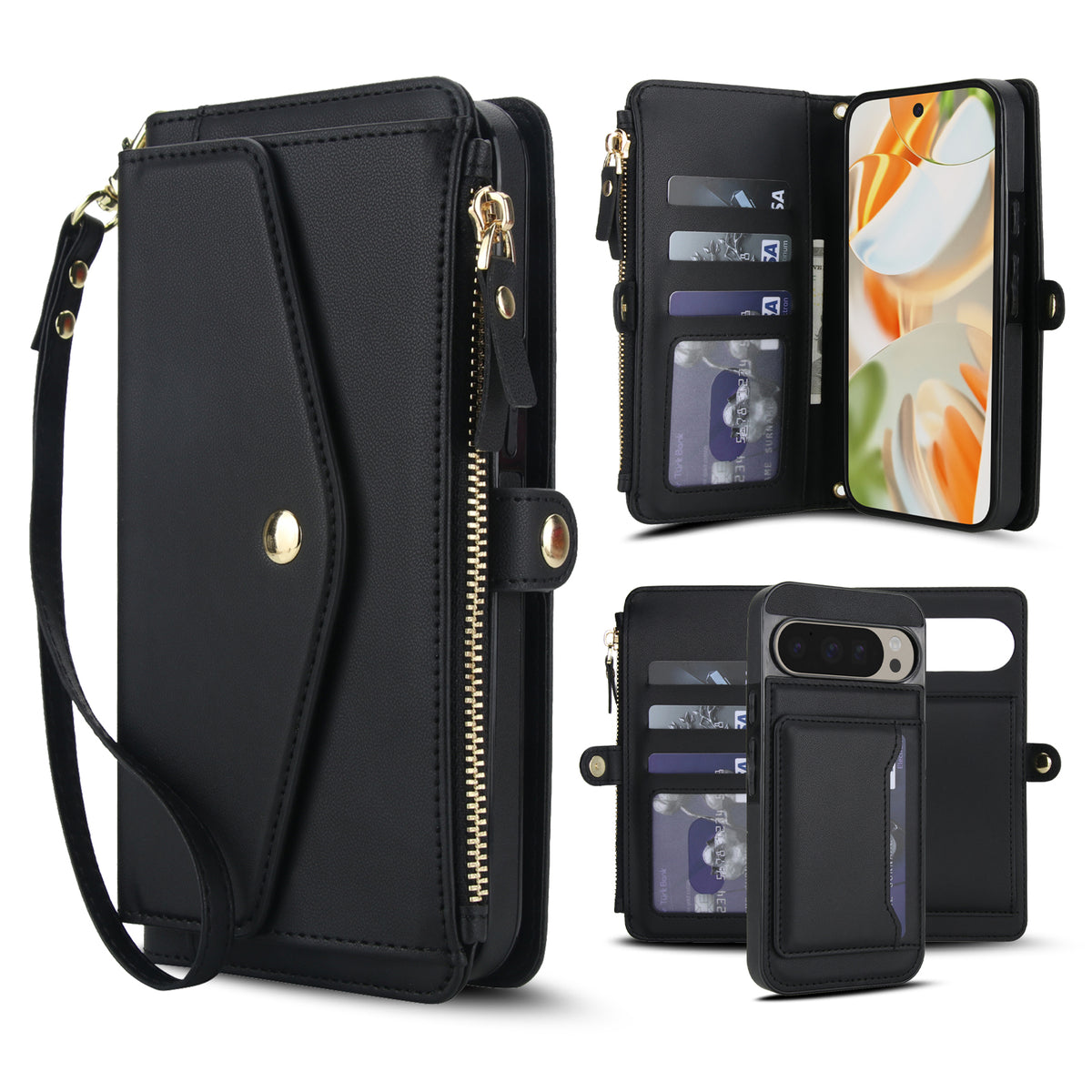 Black leather 2-in-1 detachable magnetic wallet phone case for Google Pixel showing multi-card storage, zipper purse, wristlet strap, and removable inner case.