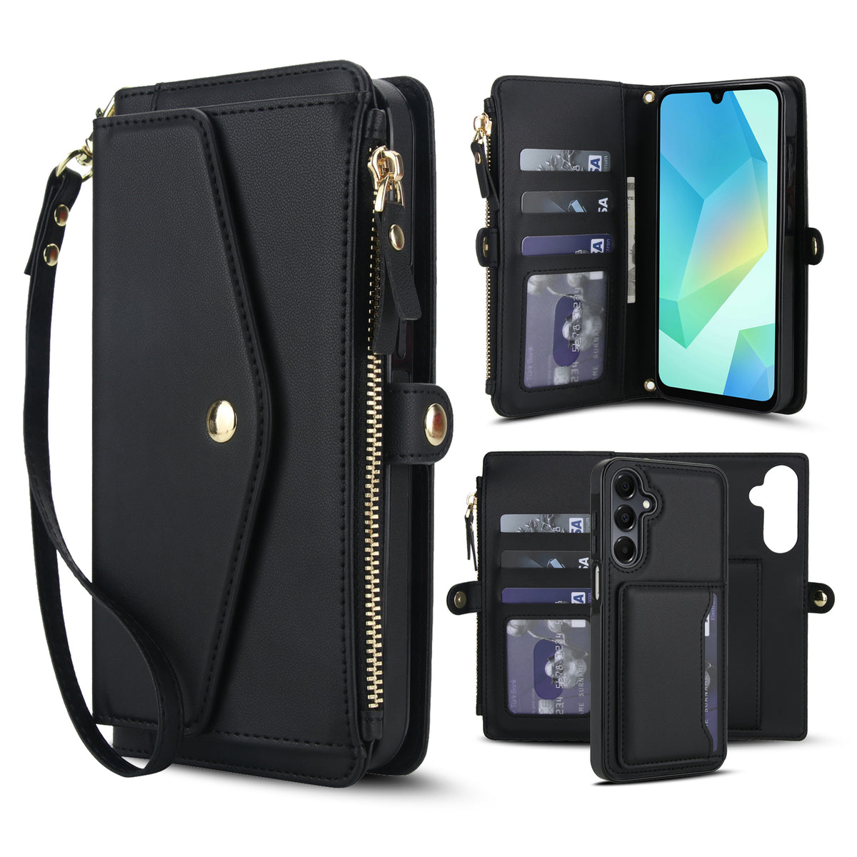 Black leather 2-in-1 detachable wallet phone case for Samsung Galaxy A series featuring side zipper pocket, wristlet strap, card slots, and detachable magnetic back cover.