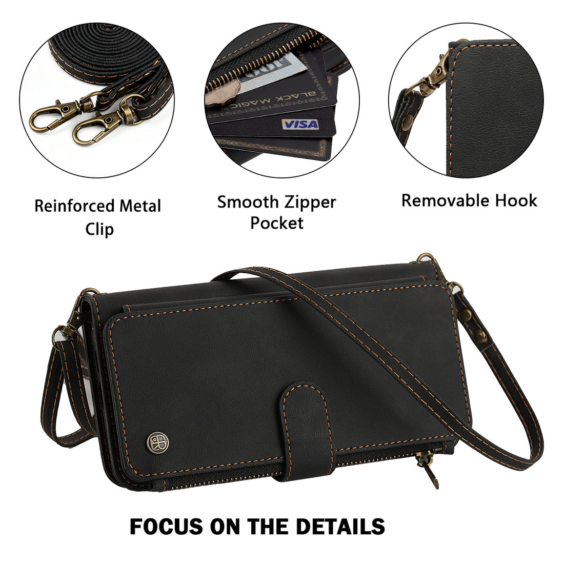 Google Pixel black leather wallet case shown with wristlet, back camera cutout, horizontal kickstand mode, and 5 color options Black, Brown, Green, Purple, and Wine Red.