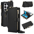 Black leather RFID crossbody wallet phone case for Samsung Galaxy S26 Ultra featuring card slots, cash pocket, zipper purse, and crossbody strap