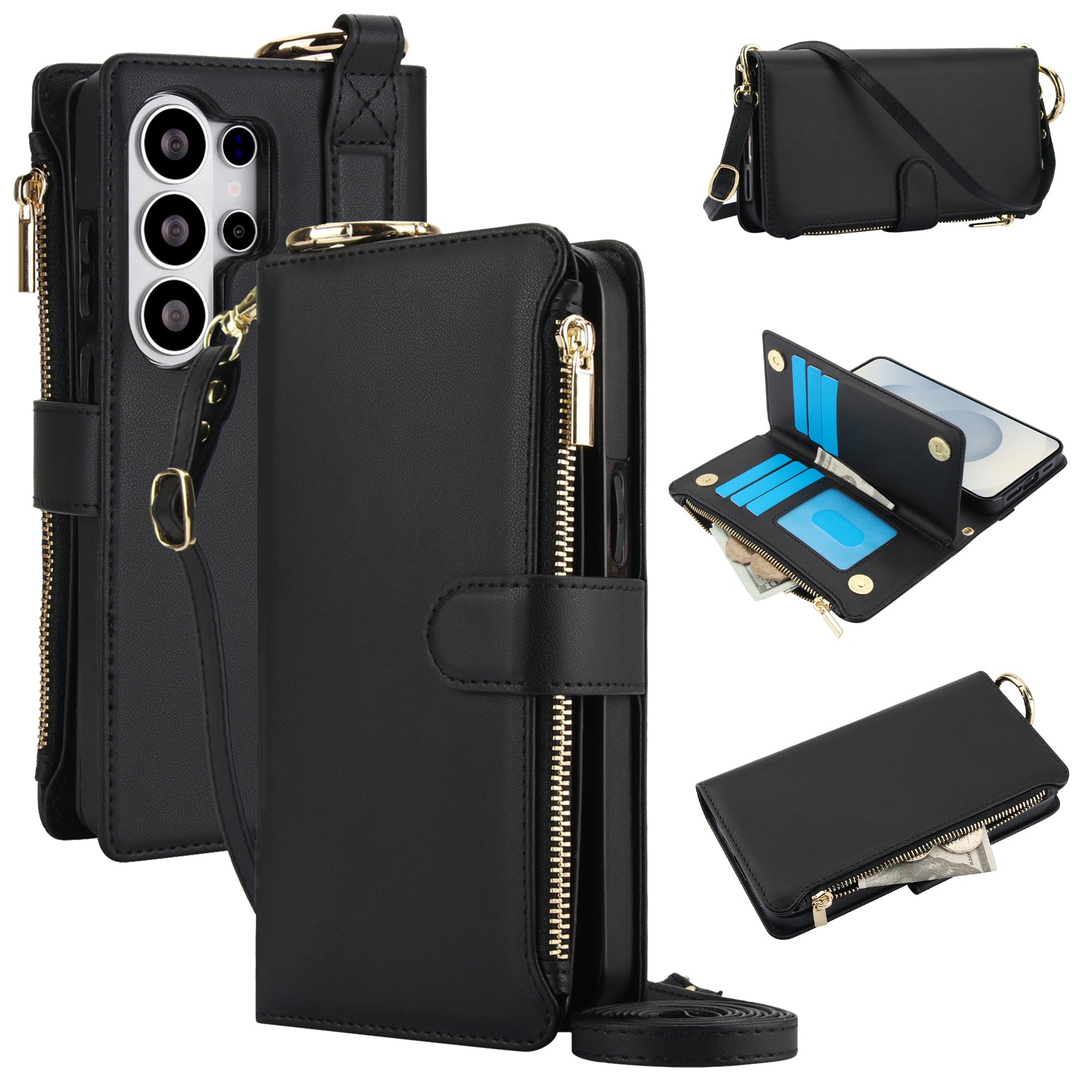 Black leather RFID crossbody wallet phone case for Samsung Galaxy S26 Ultra featuring card slots, cash pocket, zipper purse, and crossbody strap
