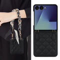 Black leather Samsung Galaxy Z Flip case styled as a mini purse carried around the wrist with a braided scarf strap