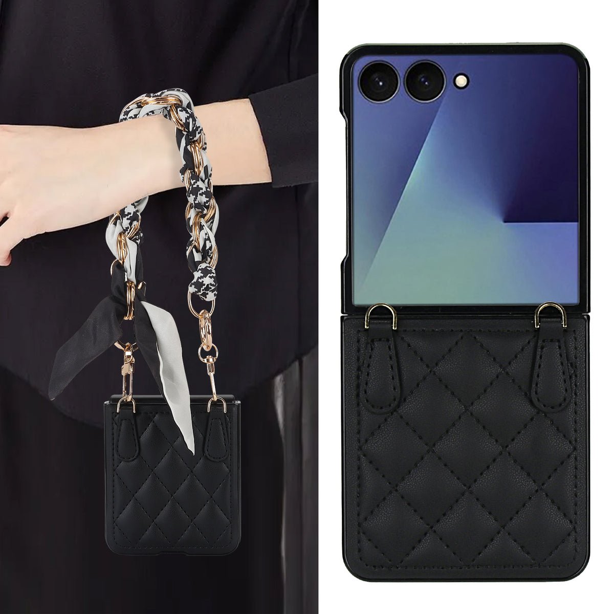 Black leather Samsung Galaxy Z Flip case styled as a mini purse carried around the wrist with a braided scarf strap