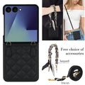 Black leather Samsung Galaxy Z Flip quilted wallet phone case with black houndstooth scarf wristlet lanyard and detachable long shoulder rope strap