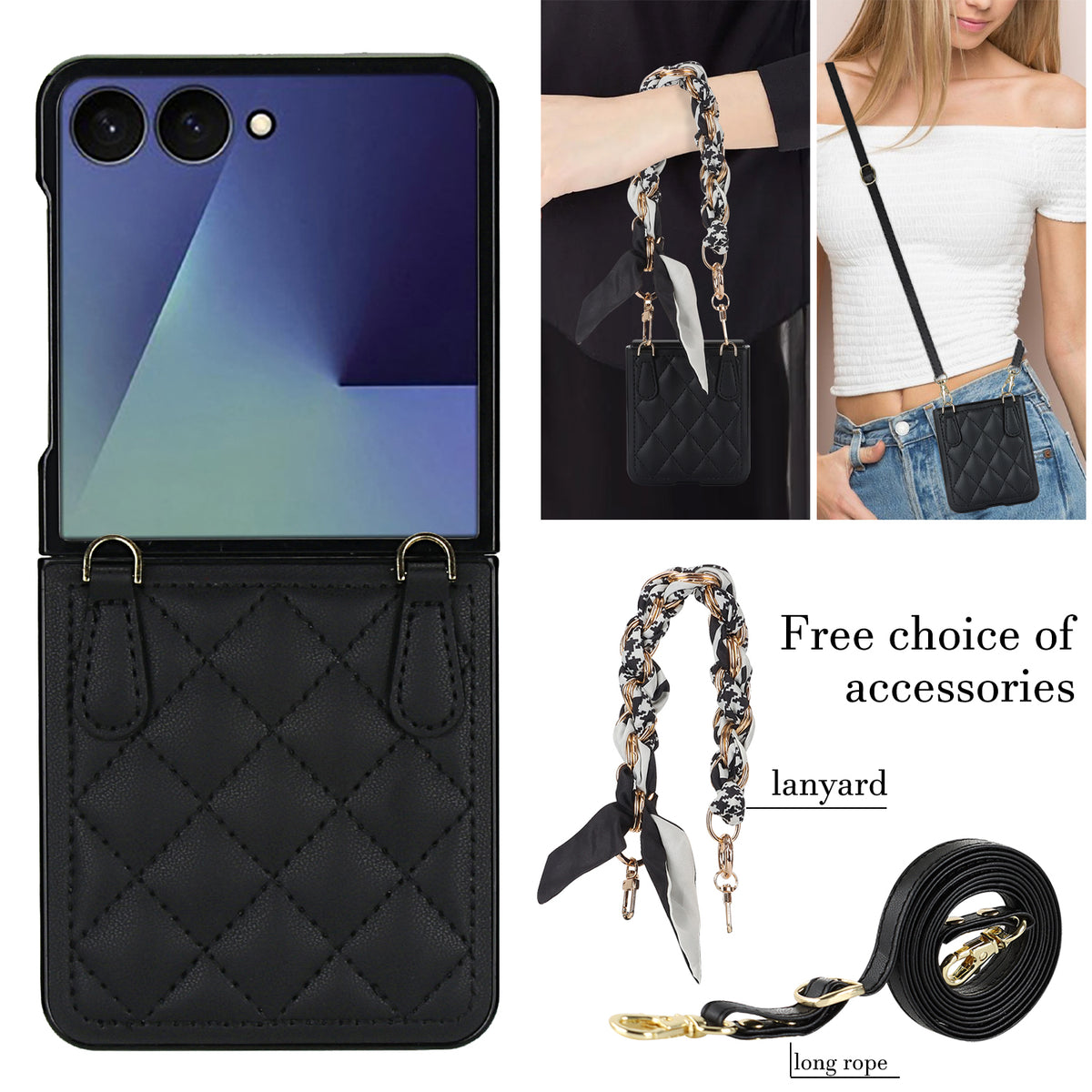 Black leather Samsung Galaxy Z Flip quilted wallet phone case with black houndstooth scarf wristlet lanyard and detachable long shoulder rope strap