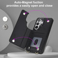 Black leather Samsung Galaxy phone wallet case illustrating auto-magnetic closure snap buttons and interior card slots