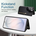 Black leather Samsung Galaxy wallet case with kickstand function standing on table for hands free screen viewing