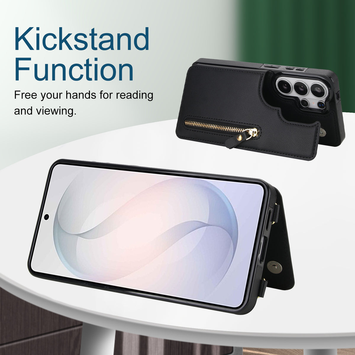 Black leather Samsung Galaxy wallet case with kickstand function standing on table for hands free screen viewing