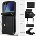 Black leather Samsung Z Flip case displaying wallet card slots, adjustable strap attachments, and folding capability.