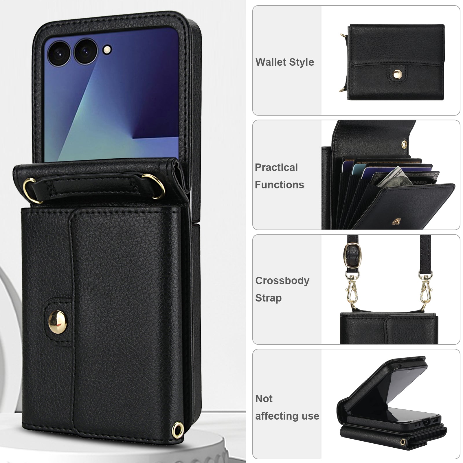 Black leather Samsung Z Flip case displaying wallet card slots, adjustable strap attachments, and folding capability.