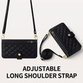 Black leather crossbody phone case layout featuring the long adjustable shoulder strap and wristlet option.