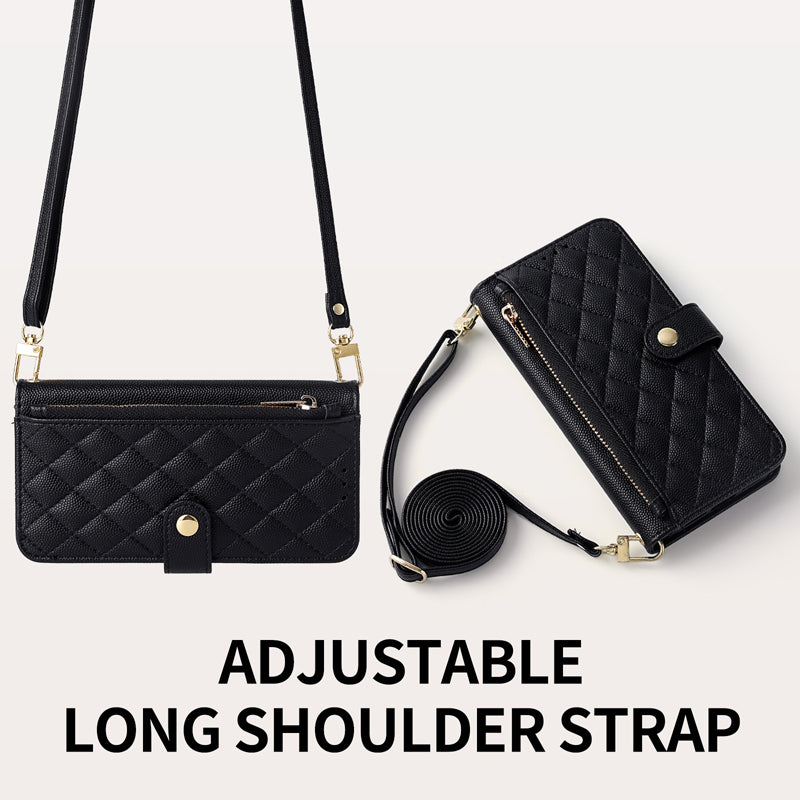 Black leather crossbody phone case layout featuring the long adjustable shoulder strap and wristlet option.