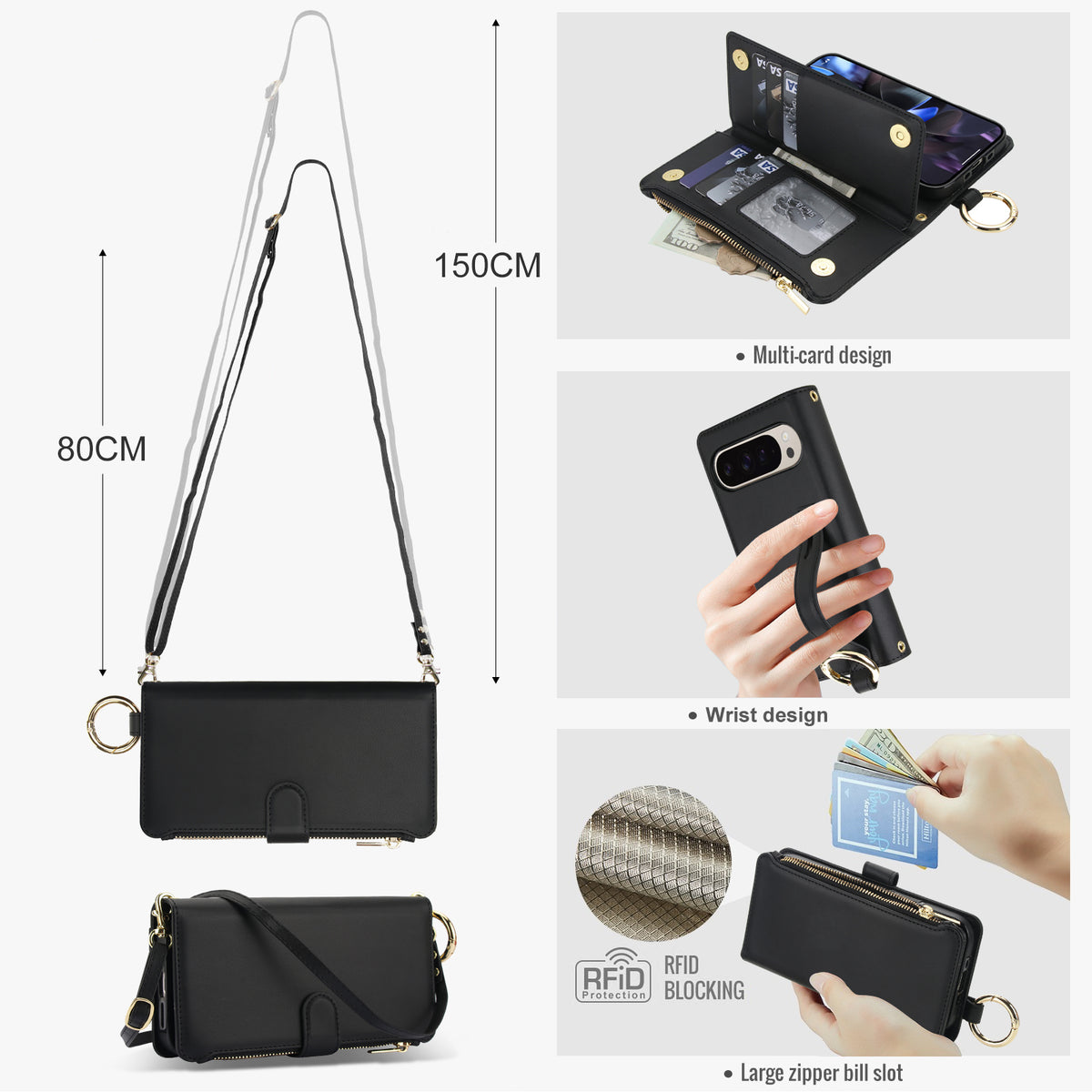 Black leather crossbody wallet case for Google Pixel 10 and 9 series displaying 80cm to 150cm adjustable shoulder strap measurements, wristlet grip, and RFID blocking protection layer.