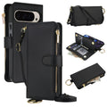 Black leather crossbody wallet case for Google Pixel 10 and 9 series featuring full enclosure views, top gold ring clip, open 6 card slot organizer flap, zipper coin purse, and shoulder lanyard.