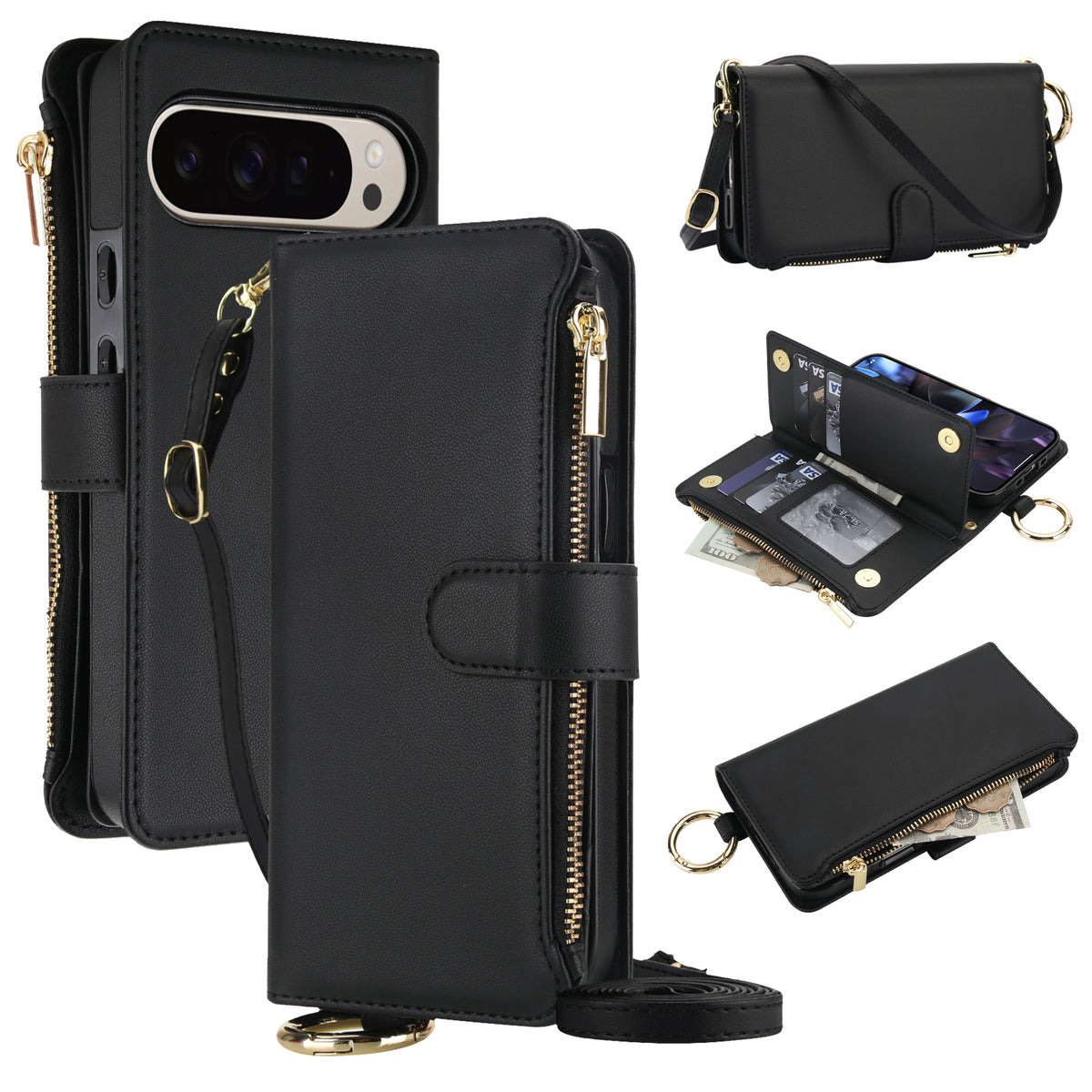Black leather crossbody wallet case for Google Pixel 10 and 9 series featuring full enclosure views, top gold ring clip, open 6 card slot organizer flap, zipper coin purse, and shoulder lanyard.