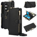 Black leather crossbody wallet case for Samsung Galaxy A-series featuring full enclosure views, top gold ring clip, open 6 card slot organizer flap, zipper coin purse, and shoulder lanyard.