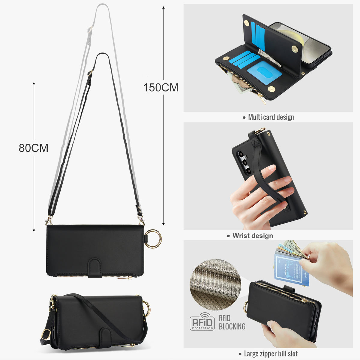 Black leather crossbody wallet case for Samsung Galaxy A16 A15 A14 A13 displaying 80cm to 150cm adjustable shoulder strap measurements, wristlet grip, and RFID blocking protection layer.