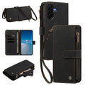 Black leather crossbody wallet case for Samsung Galaxy A57, A56, A55, A54, A53, and A52 5G4G displaying multi-angle product views, camera protection, open card slots, zipper pocket, and wristlet strap.