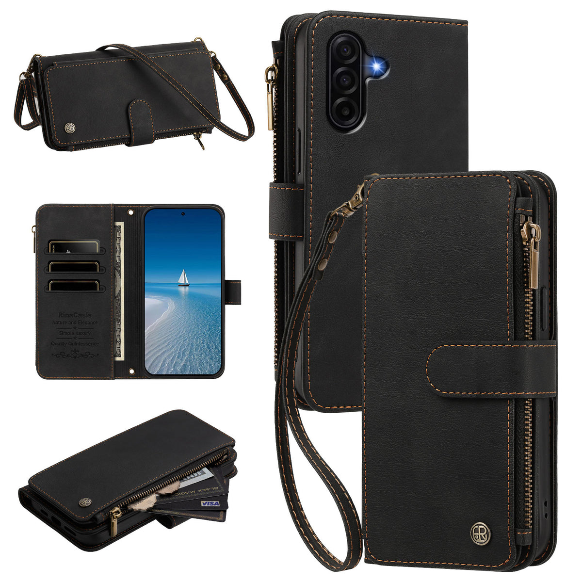 Black leather crossbody wallet case for Samsung Galaxy A57, A56, A55, A54, A53, and A52 5G4G displaying multi-angle product views, camera protection, open card slots, zipper pocket, and wristlet strap.