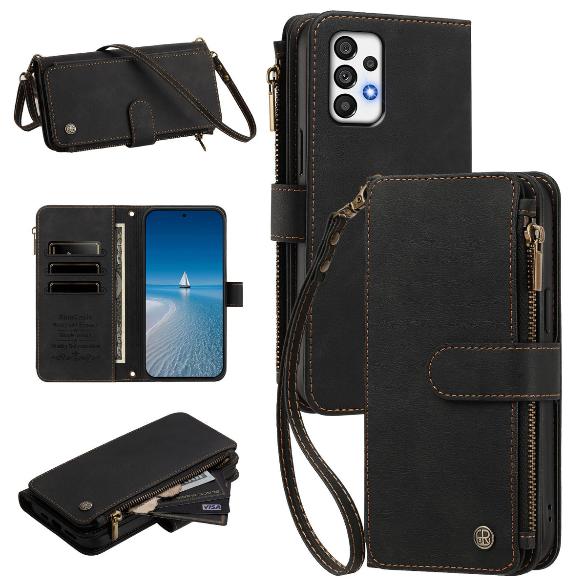 Black leather crossbody wallet case for Samsung Galaxy A73, A72, and A71 5G4G displaying full multi-angle product views, camera protection, open card slots, zipper pocket, and wristlet strap.