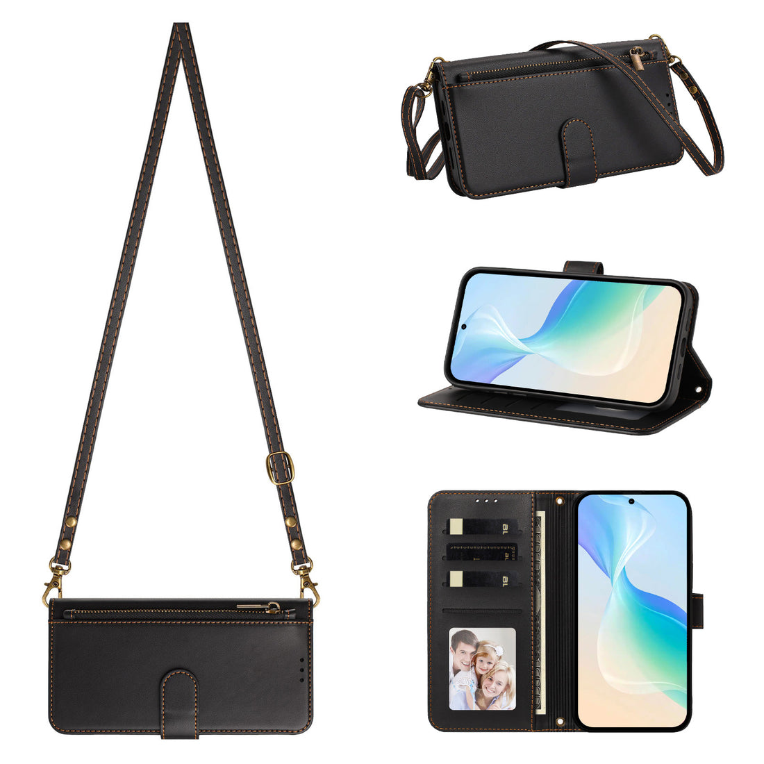 Full collection of Samsung Galaxy Ultra leather zipper wallet cases shown in Black, Navy Blue, Classic Brown, Dark Green, Violet Purple, Lagon Cyan, Crimson Red, and Light Purple with matching strap.