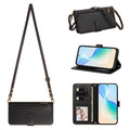 Black leather crossbody zipper wallet case for Samsung Galaxy shown in 4 viewing angles including full strap suspension, zipper pocket detail, hands-free kickstand mode, and open wallet interior with 4 card slots, cash pocket, and ID window.
