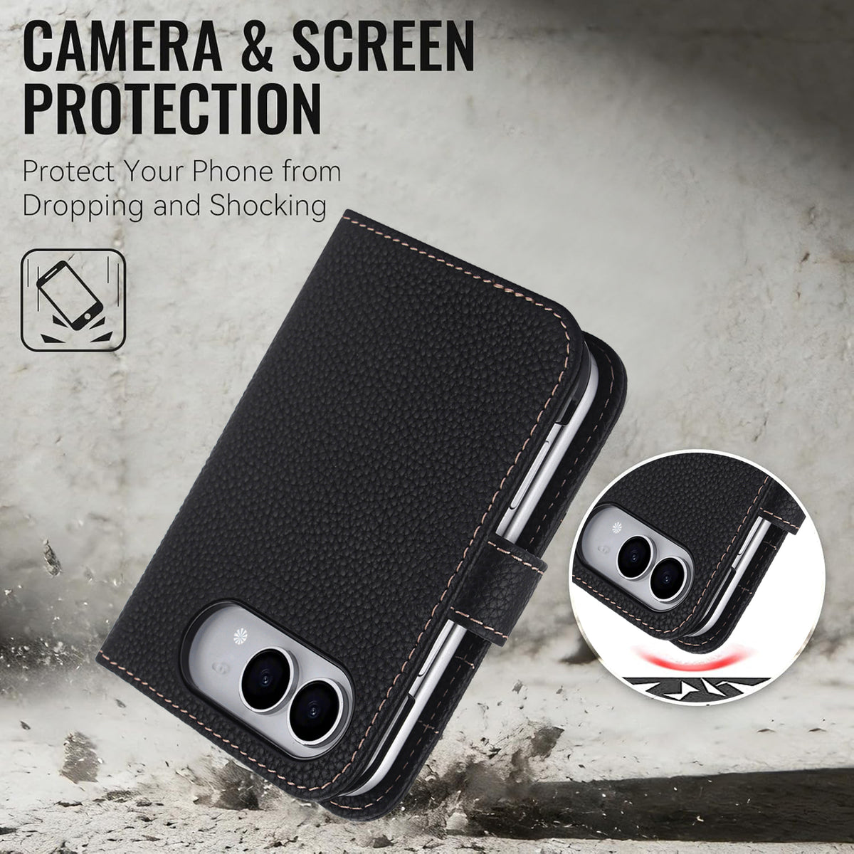 Black leather folio case for iPhone Duo displaying shock-absorbing drop protection and raised camera border