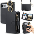 Black leather iPhone DUO crossbody wallet case with side zipper pocket, gold ring clasp, open card holder, and wristlet grip