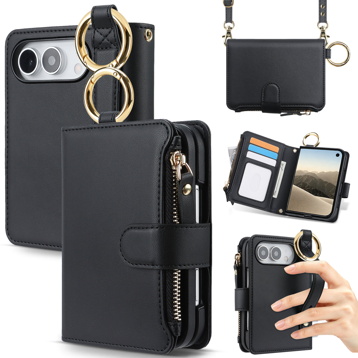 Black leather iPhone DUO crossbody wallet case with side zipper pocket, gold ring clasp, open card holder, and wristlet grip