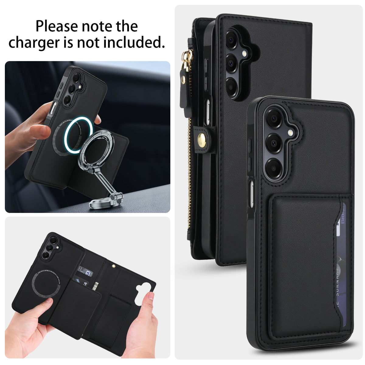 Black leather magnetic phone case for Samsung Galaxy A series shown attached to a magnetic desktop ring stand and stored in the zip wallet.