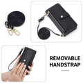 Black leather phone case demonstrating the detachable wristlet hand strap and adjustable long shoulder strap attachment.