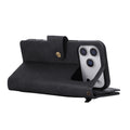 Black leather phone wallet case folded horizontally as a kickstand showing camera cutout