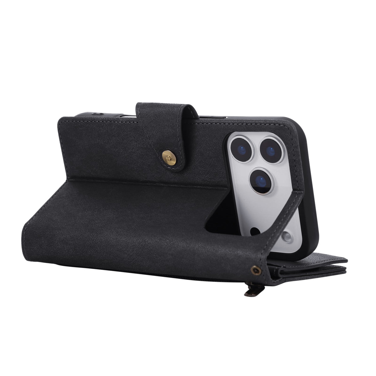 Black leather phone wallet case folded horizontally as a kickstand showing camera cutout