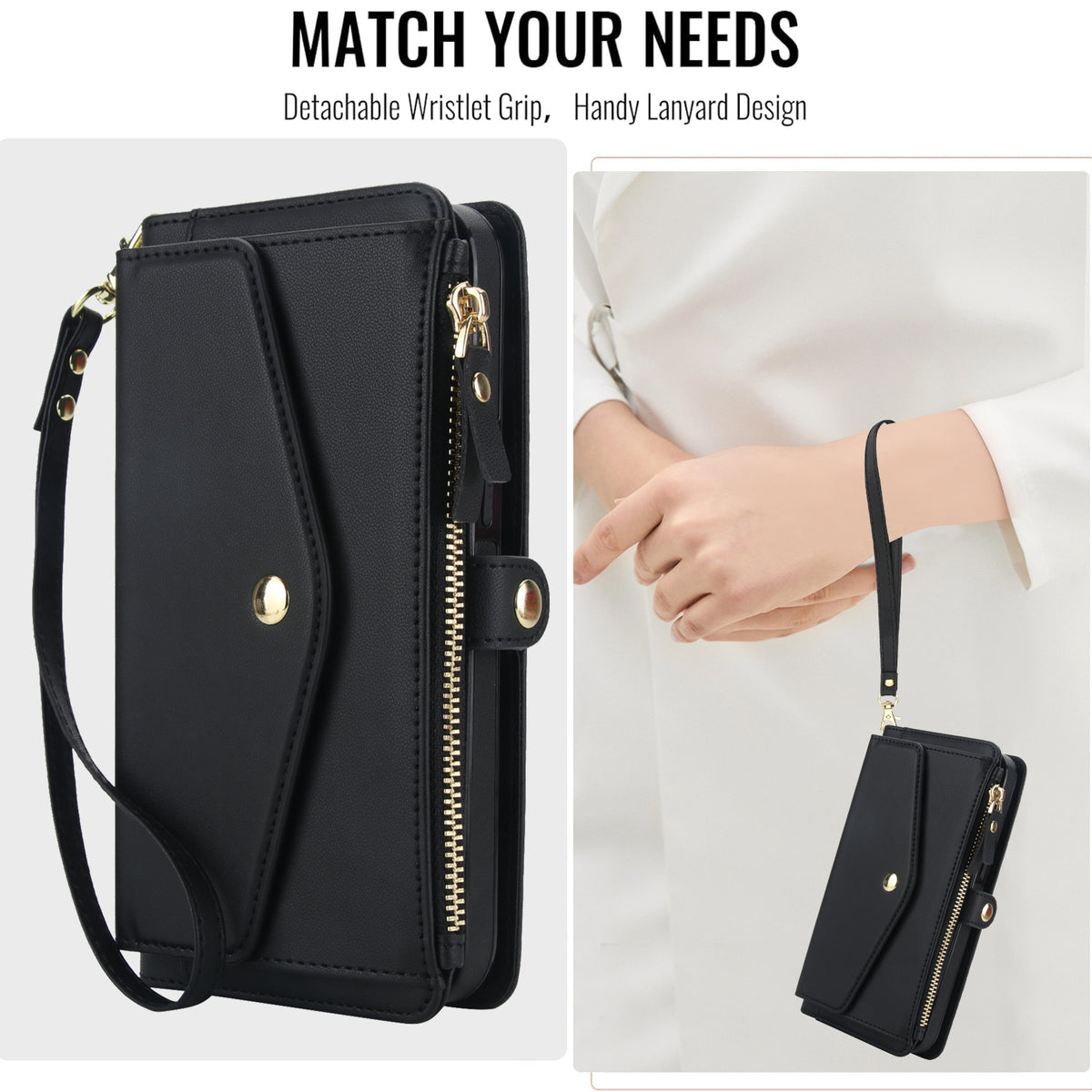 Black leather phone wallet case with side zipper coin purse showing wristlet strap attachment held on a woman's wrist.
